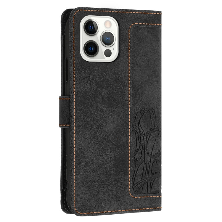 For iPhone 12 Pro Max Tulips Embossed Leather Phone Case with Lanyard