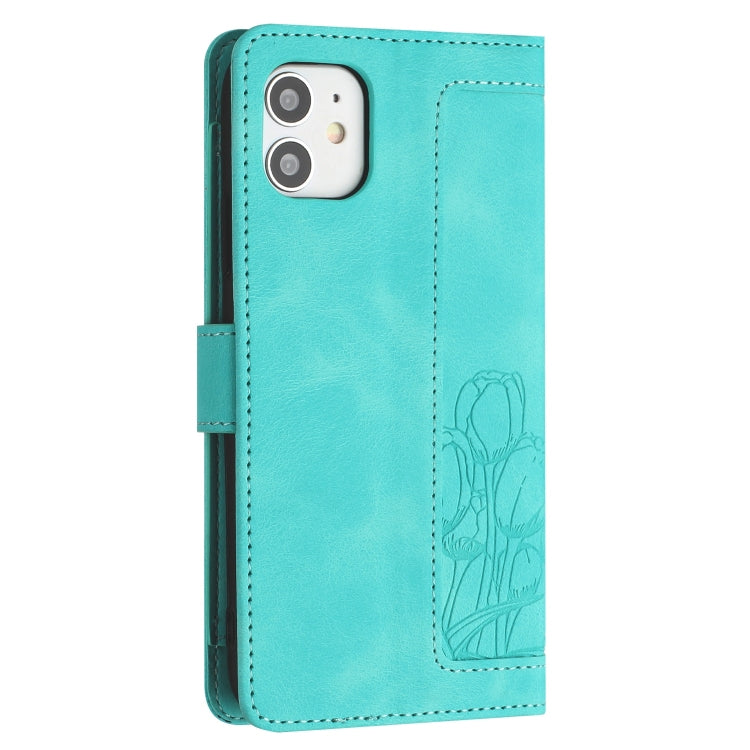 For iPhone 12 mini Tulips Embossed Leather Phone Case with Lanyard