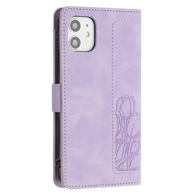 For iPhone 12 mini Tulips Embossed Leather Phone Case with Lanyard