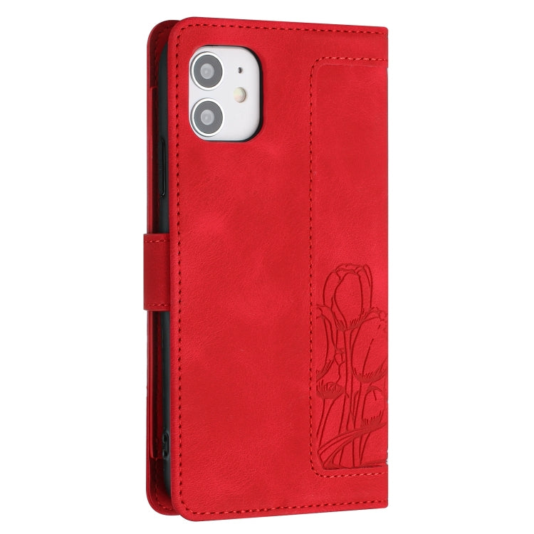 For iPhone 12 mini Tulips Embossed Leather Phone Case with Lanyard