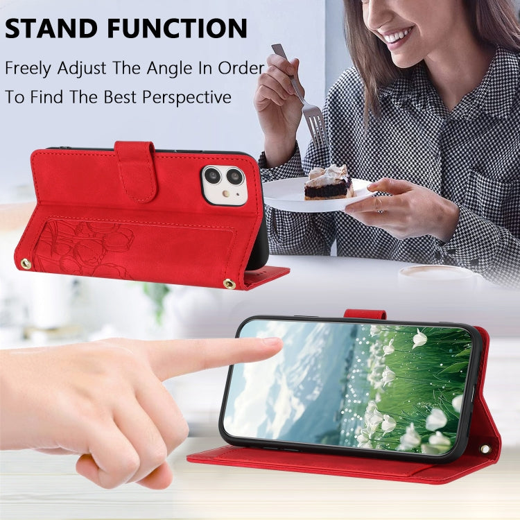 For iPhone 12 mini Tulips Embossed Leather Phone Case with Lanyard