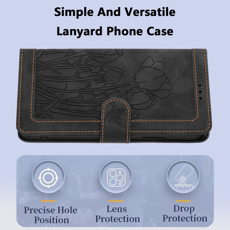 For iPhone 12 mini Tulips Embossed Leather Phone Case with Lanyard
