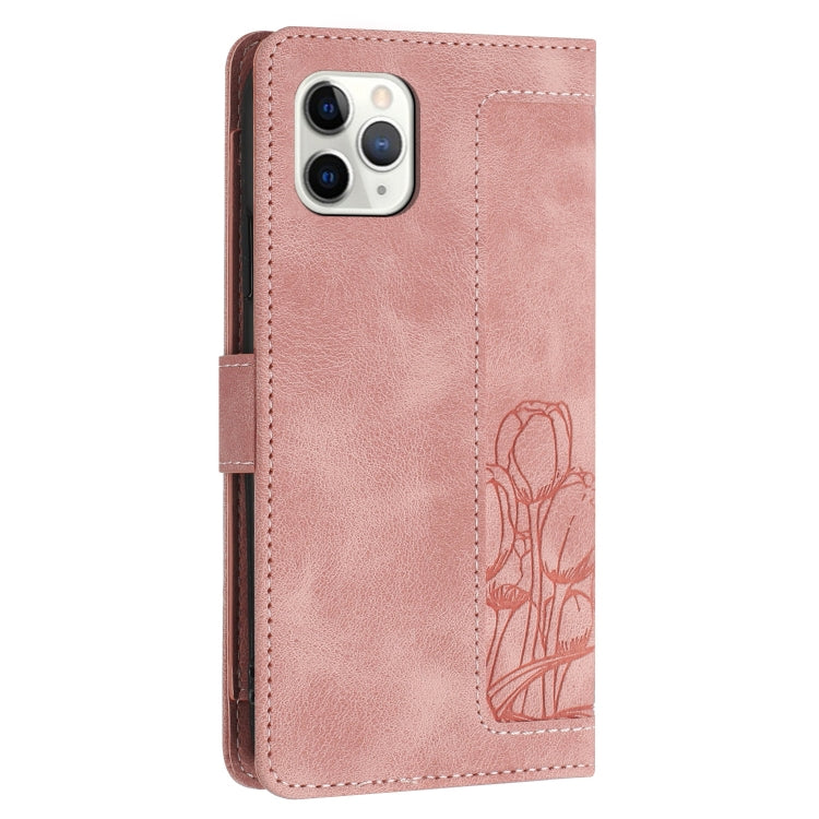 For iPhone 11 Pro Max Tulips Embossed Leather Phone Case with Lanyard