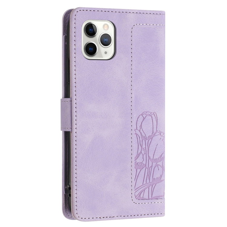 For iPhone 11 Pro Max Tulips Embossed Leather Phone Case with Lanyard