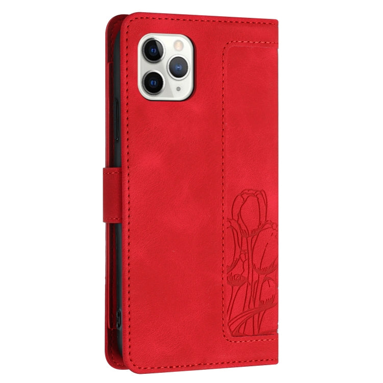For iPhone 11 Pro Max Tulips Embossed Leather Phone Case with Lanyard