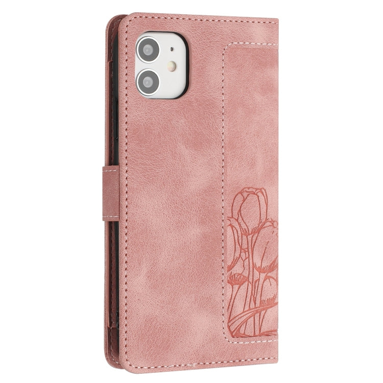 For iPhone 11 Tulips Embossed Leather Phone Case with Lanyard
