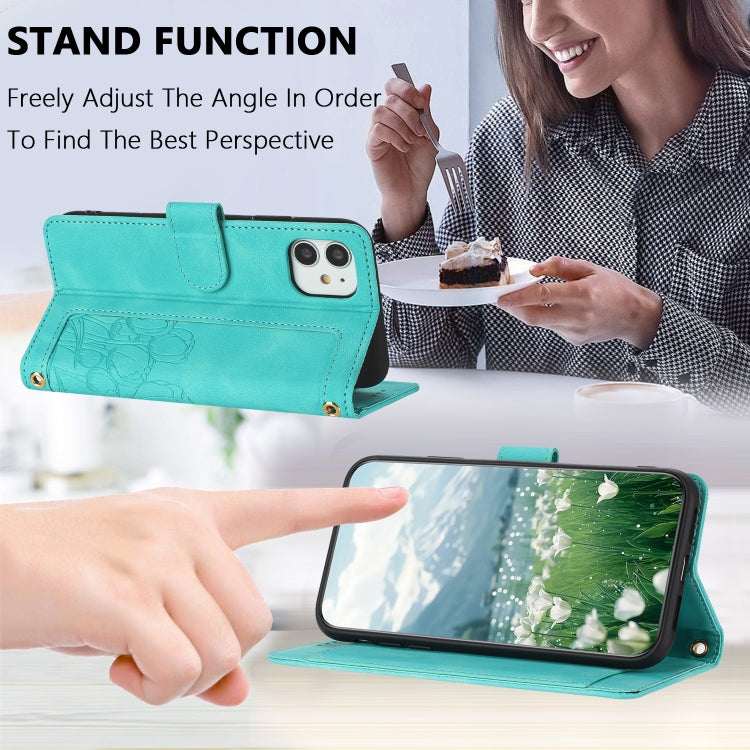 For iPhone 11 Tulips Embossed Leather Phone Case with Lanyard