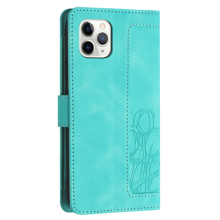 For iPhone 11 Pro Tulips Embossed Leather Phone Case with Lanyard