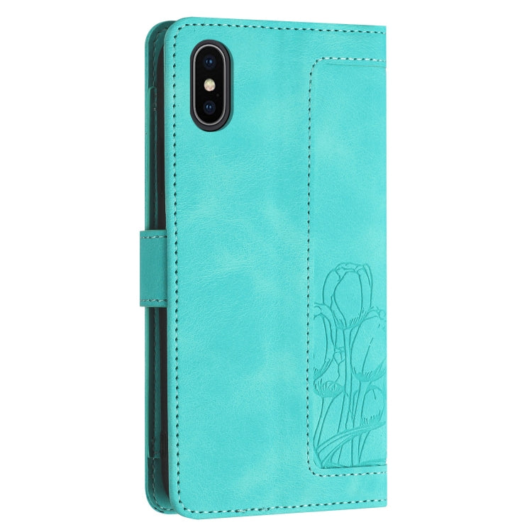 For iPhone XS / X Tulips Embossed Leather Phone Case with Lanyard