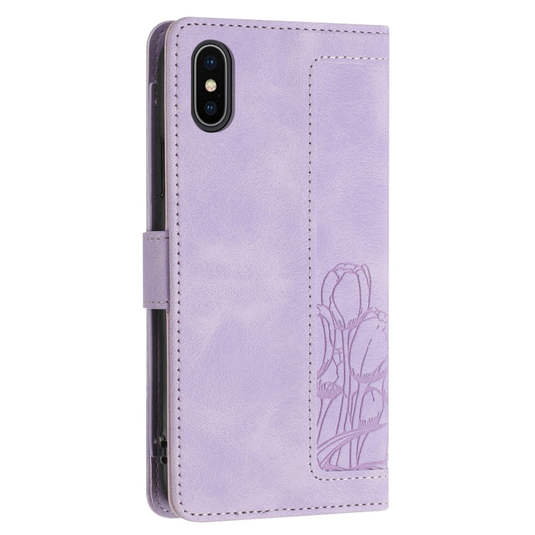 For iPhone XS / X Tulips Embossed Leather Phone Case with Lanyard