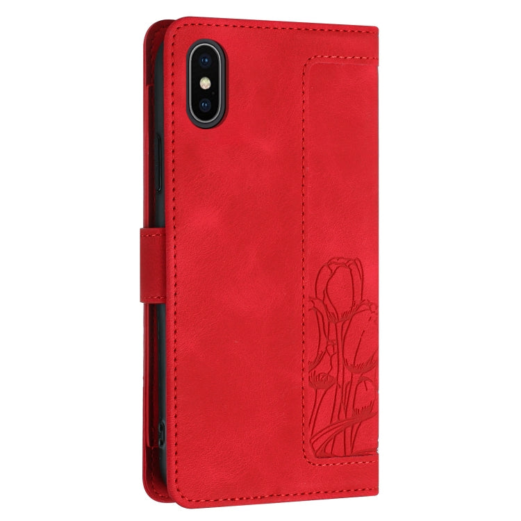 For iPhone XS / X Tulips Embossed Leather Phone Case with Lanyard
