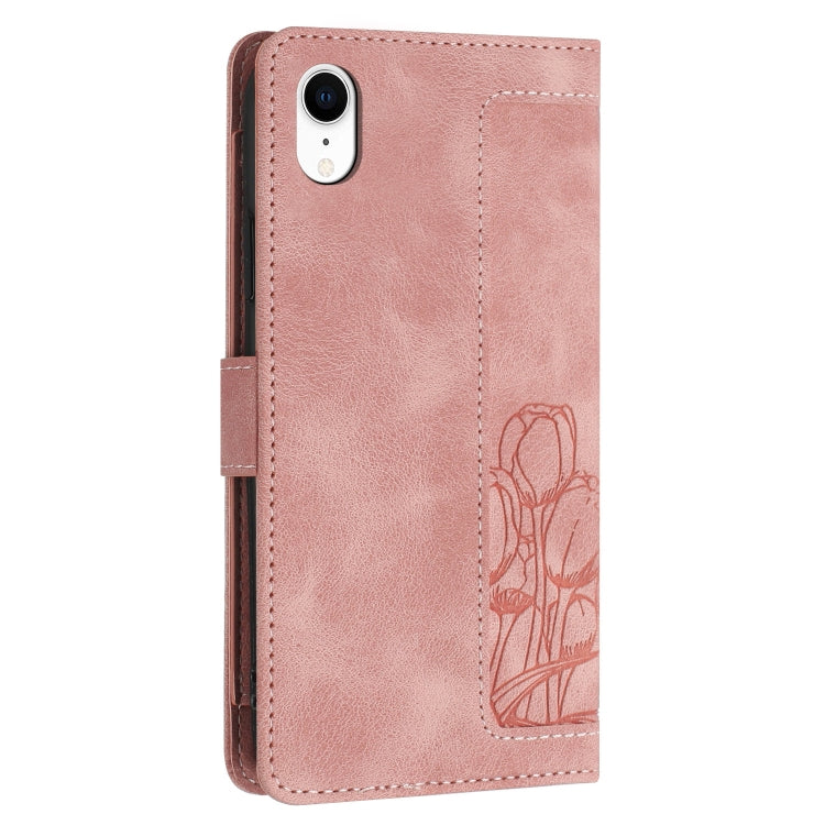 For iPhone XR Tulips Embossed Leather Phone Case with Lanyard