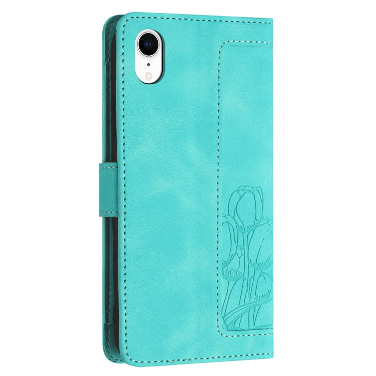 For iPhone XR Tulips Embossed Leather Phone Case with Lanyard