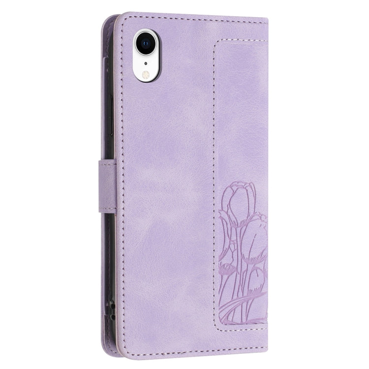 For iPhone XR Tulips Embossed Leather Phone Case with Lanyard