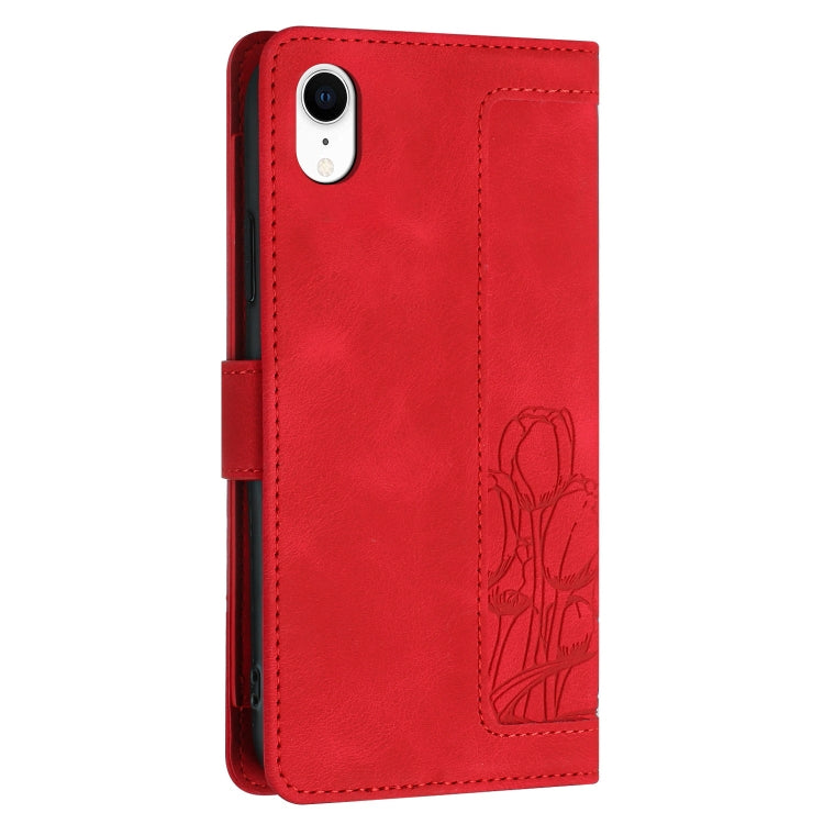 For iPhone XR Tulips Embossed Leather Phone Case with Lanyard
