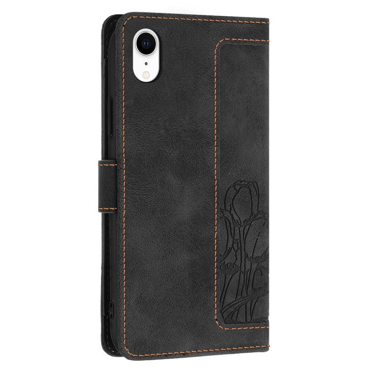 For iPhone XR Tulips Embossed Leather Phone Case with Lanyard