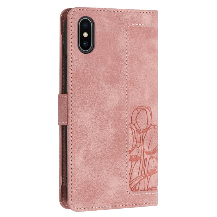 For iPhone XS Max Tulips Embossed Leather Phone Case with Lanyard