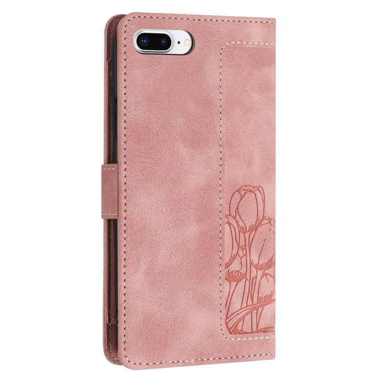 For iPhone 8 Plus / 7 Plus Tulips Embossed Leather Phone Case with Lanyard