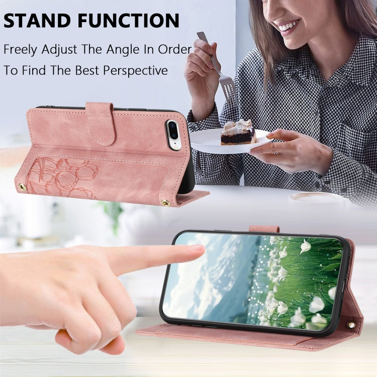 For iPhone 8 Plus / 7 Plus Tulips Embossed Leather Phone Case with Lanyard