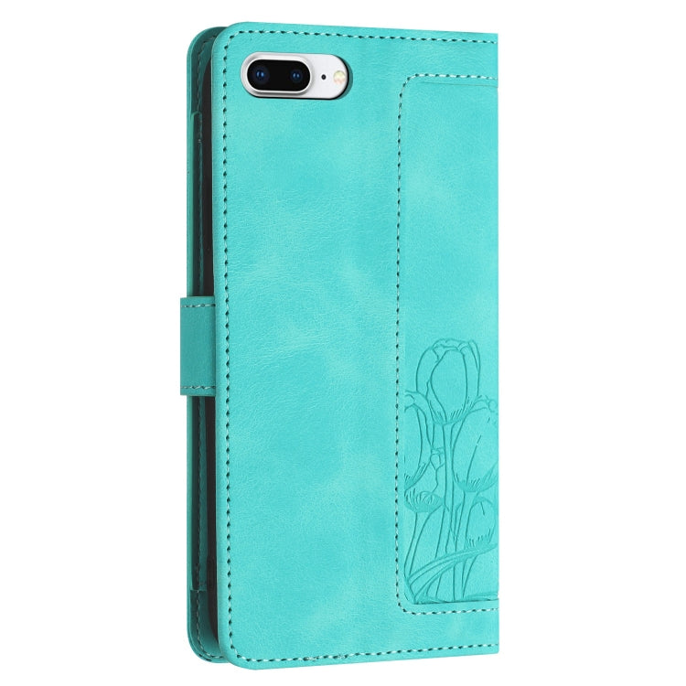 For iPhone 8 Plus / 7 Plus Tulips Embossed Leather Phone Case with Lanyard