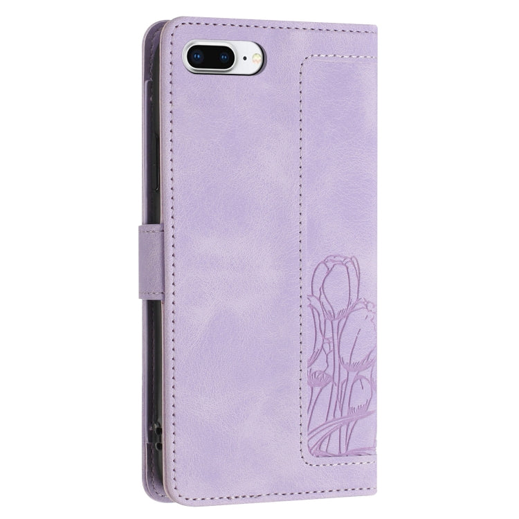 For iPhone 8 Plus / 7 Plus Tulips Embossed Leather Phone Case with Lanyard