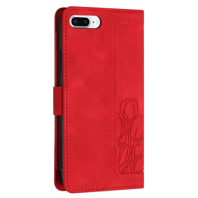 For iPhone 8 Plus / 7 Plus Tulips Embossed Leather Phone Case with Lanyard