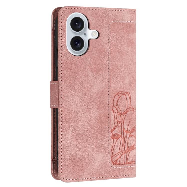 For iPhone 17 Tulips Embossed Leather Phone Case with Lanyard