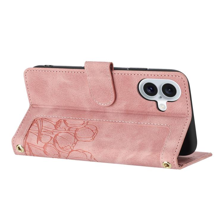 For iPhone 17 Tulips Embossed Leather Phone Case with Lanyard