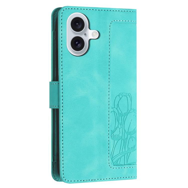 For iPhone 17 Tulips Embossed Leather Phone Case with Lanyard