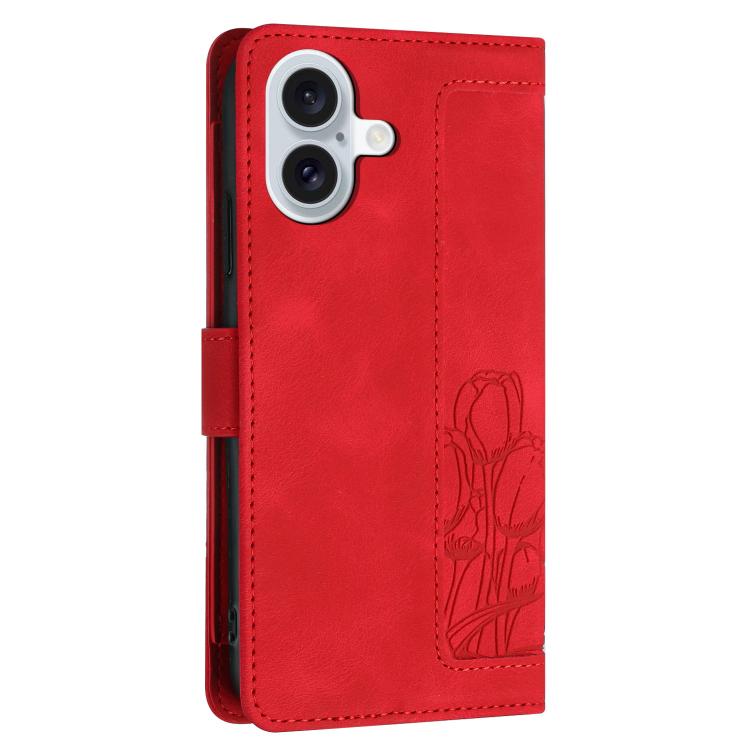 For iPhone 17 Tulips Embossed Leather Phone Case with Lanyard