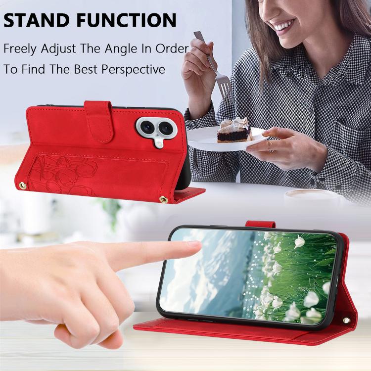 For iPhone 17 Tulips Embossed Leather Phone Case with Lanyard