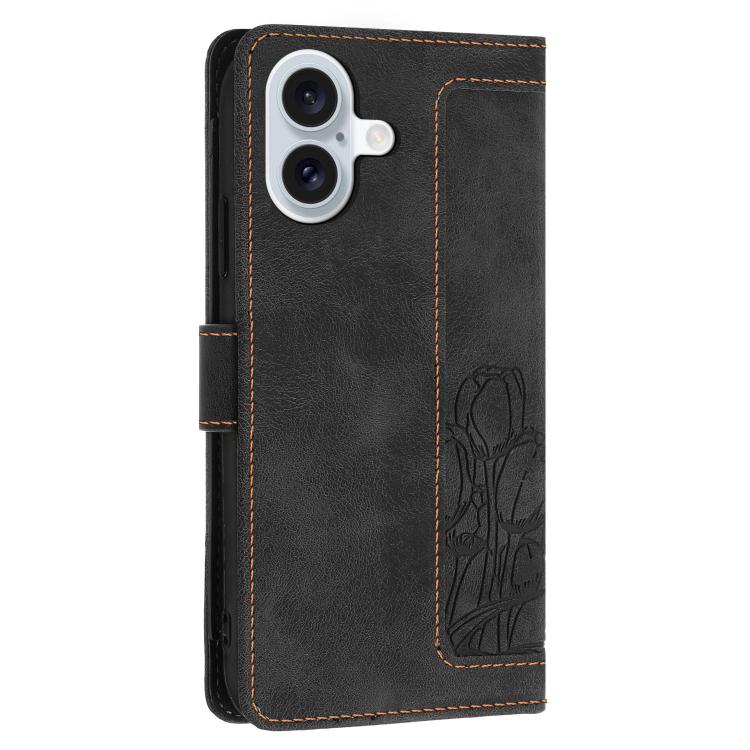For iPhone 17 Tulips Embossed Leather Phone Case with Lanyard