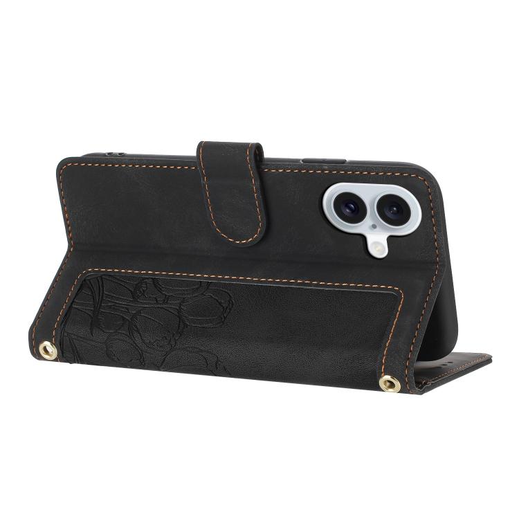 For iPhone 17 Tulips Embossed Leather Phone Case with Lanyard