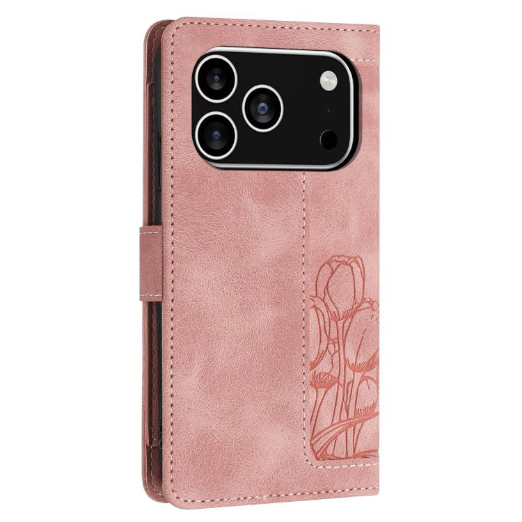 For iPhone 17 Pro Tulips Embossed Leather Phone Case with Lanyard