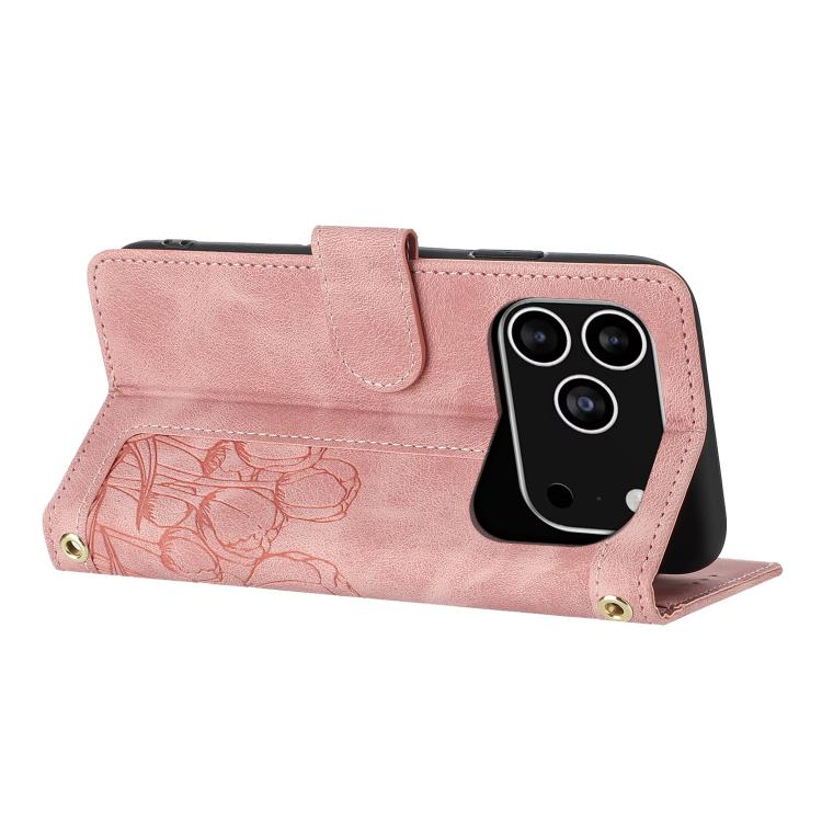 For iPhone 17 Pro Tulips Embossed Leather Phone Case with Lanyard