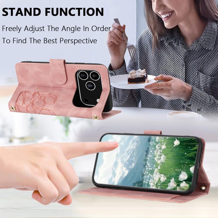 For iPhone 17 Pro Tulips Embossed Leather Phone Case with Lanyard