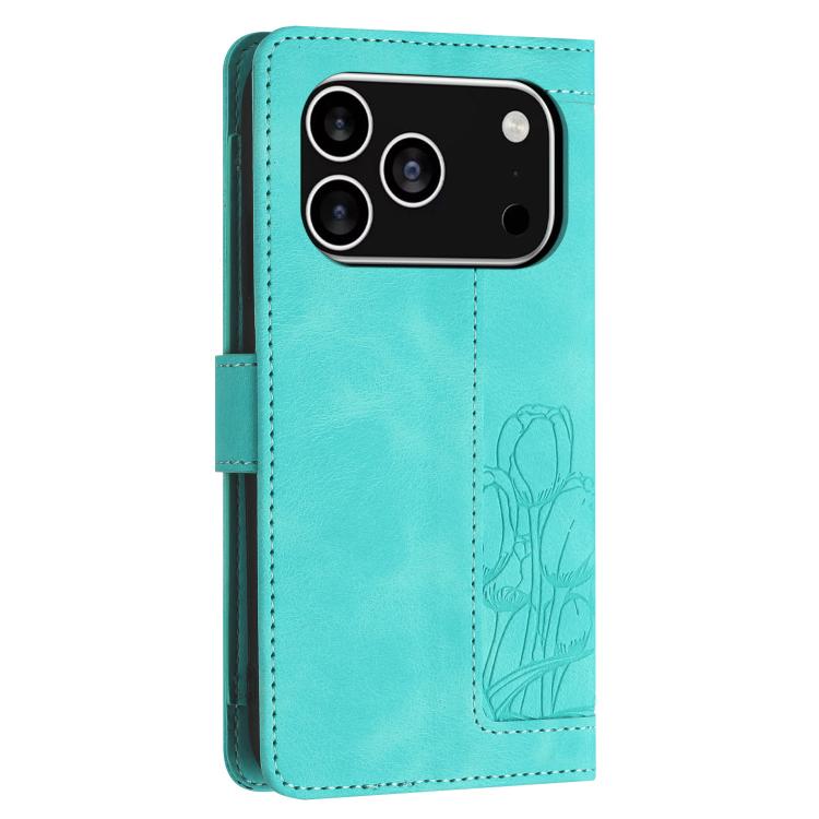 For iPhone 17 Pro Tulips Embossed Leather Phone Case with Lanyard
