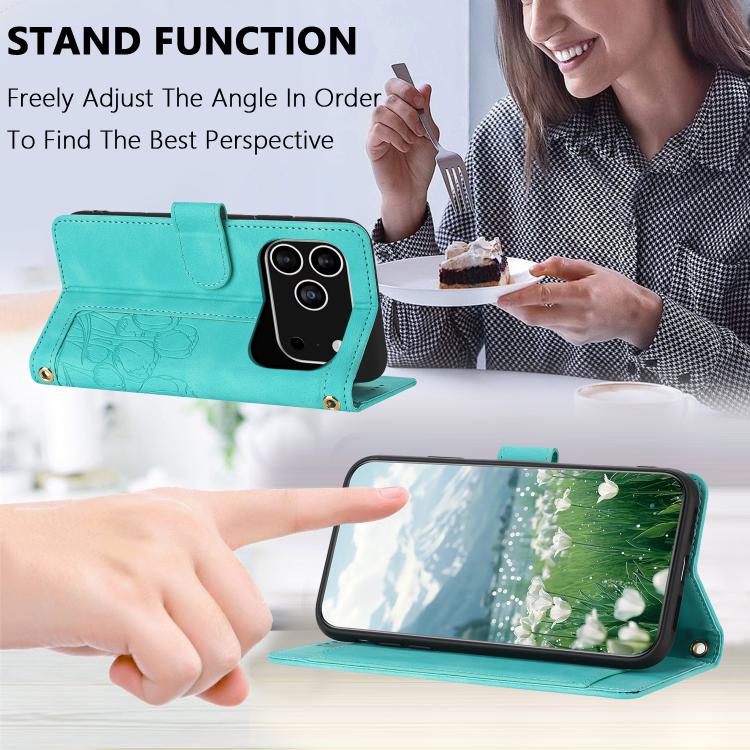 For iPhone 17 Pro Tulips Embossed Leather Phone Case with Lanyard
