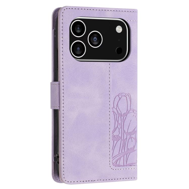 For iPhone 17 Pro Tulips Embossed Leather Phone Case with Lanyard