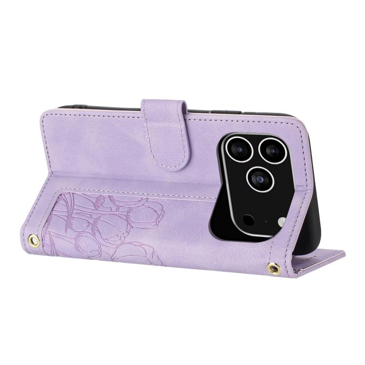 For iPhone 17 Pro Tulips Embossed Leather Phone Case with Lanyard