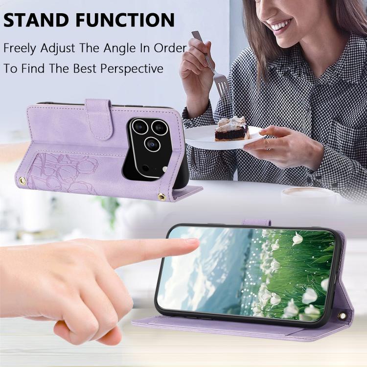 For iPhone 17 Pro Tulips Embossed Leather Phone Case with Lanyard
