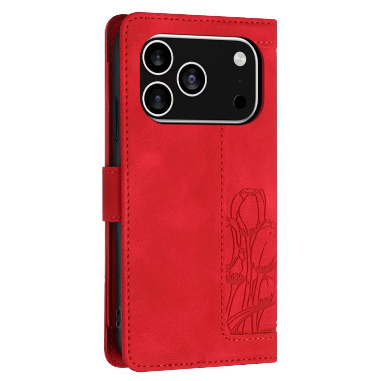 For iPhone 17 Pro Tulips Embossed Leather Phone Case with Lanyard