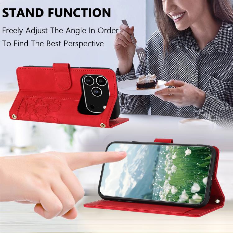 For iPhone 17 Pro Tulips Embossed Leather Phone Case with Lanyard