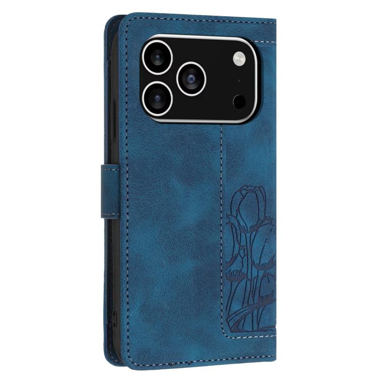 For iPhone 17 Pro Tulips Embossed Leather Phone Case with Lanyard