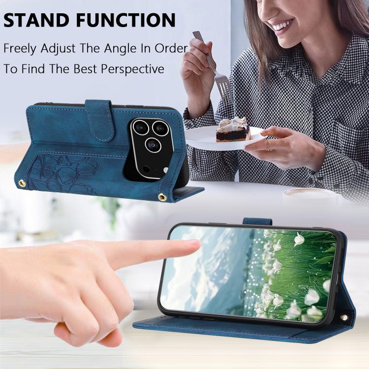 For iPhone 17 Pro Tulips Embossed Leather Phone Case with Lanyard