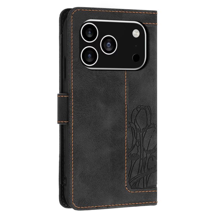 For iPhone 17 Pro Tulips Embossed Leather Phone Case with Lanyard