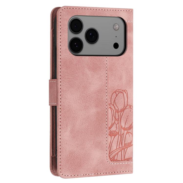 For iPhone 17 Pro Max Tulips Embossed Leather Phone Case with Lanyard