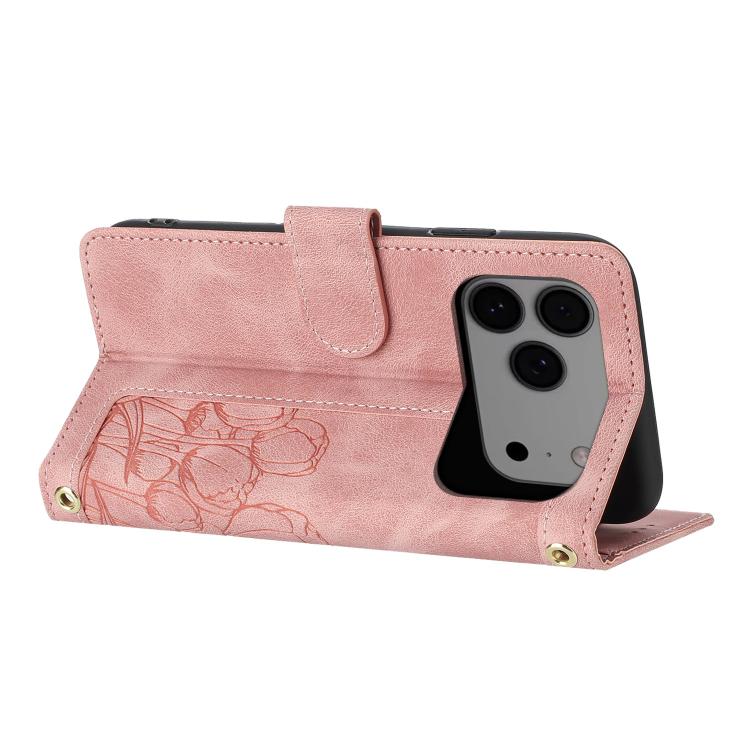 For iPhone 17 Pro Max Tulips Embossed Leather Phone Case with Lanyard