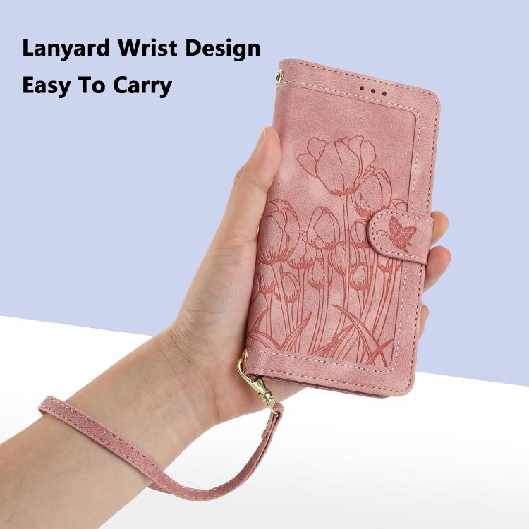 For iPhone 17 Pro Max Tulips Embossed Leather Phone Case with Lanyard