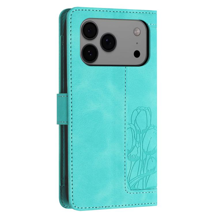 For iPhone 17 Pro Max Tulips Embossed Leather Phone Case with Lanyard